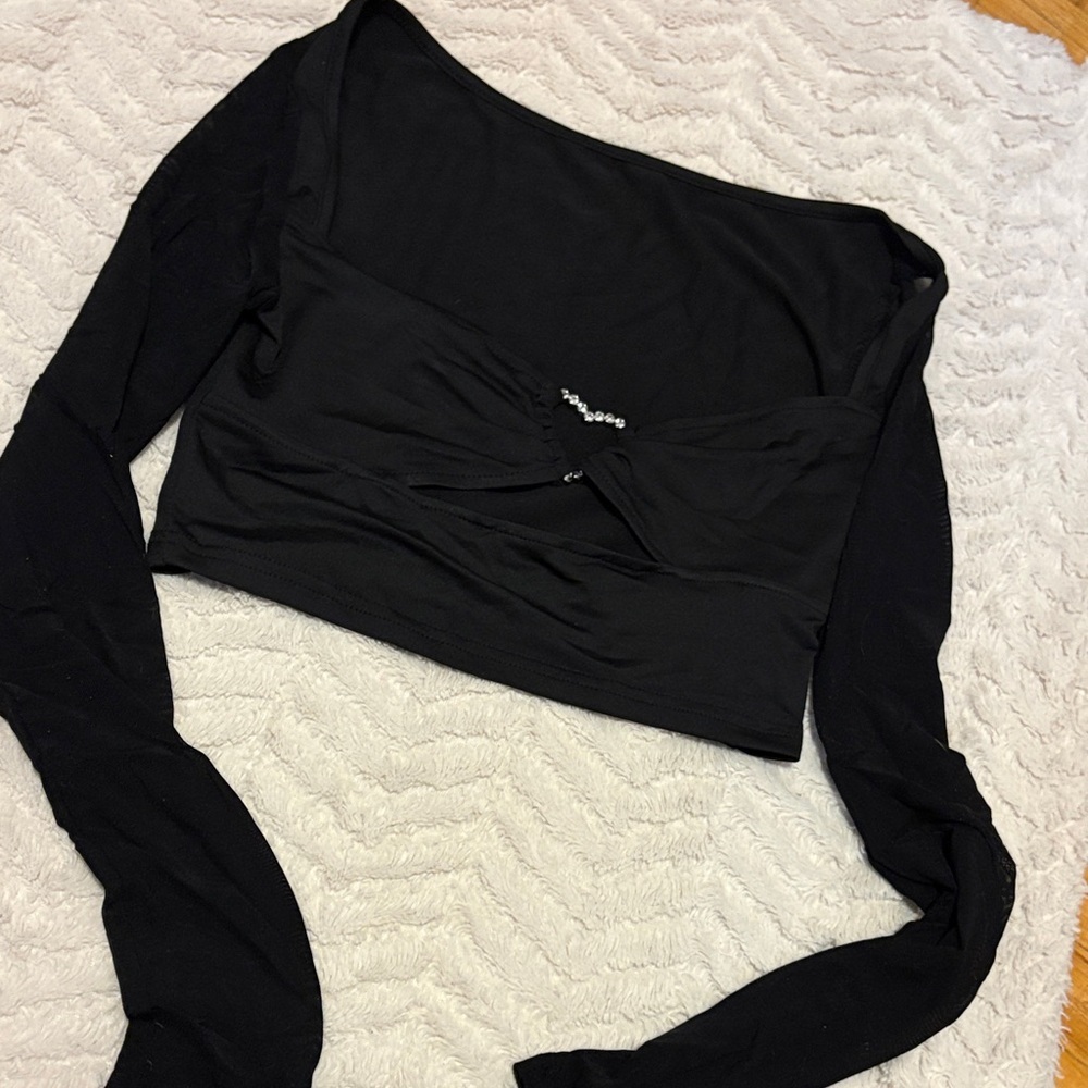 SHEIN Black Long Sleeve Crop Top with Rhinestone Detail
